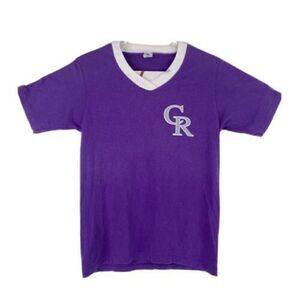 Vtg 80s Gulf Coast Sportswear Mens Sz M Purple Colorado Rockies V Neck T Shirt